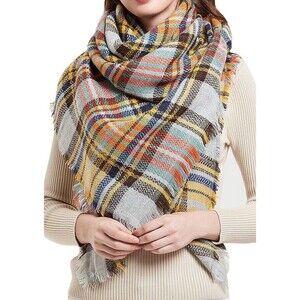 Wander Agio Womens Blanket Scarf Large Wool Knit Square Multicolor Plaid NEW